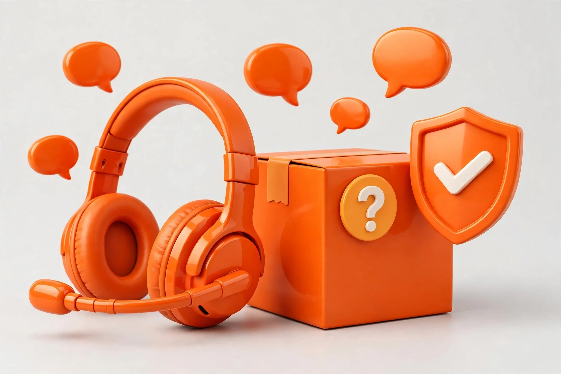 Customer support headset, speech bubbles and a parcel with question mark and shield