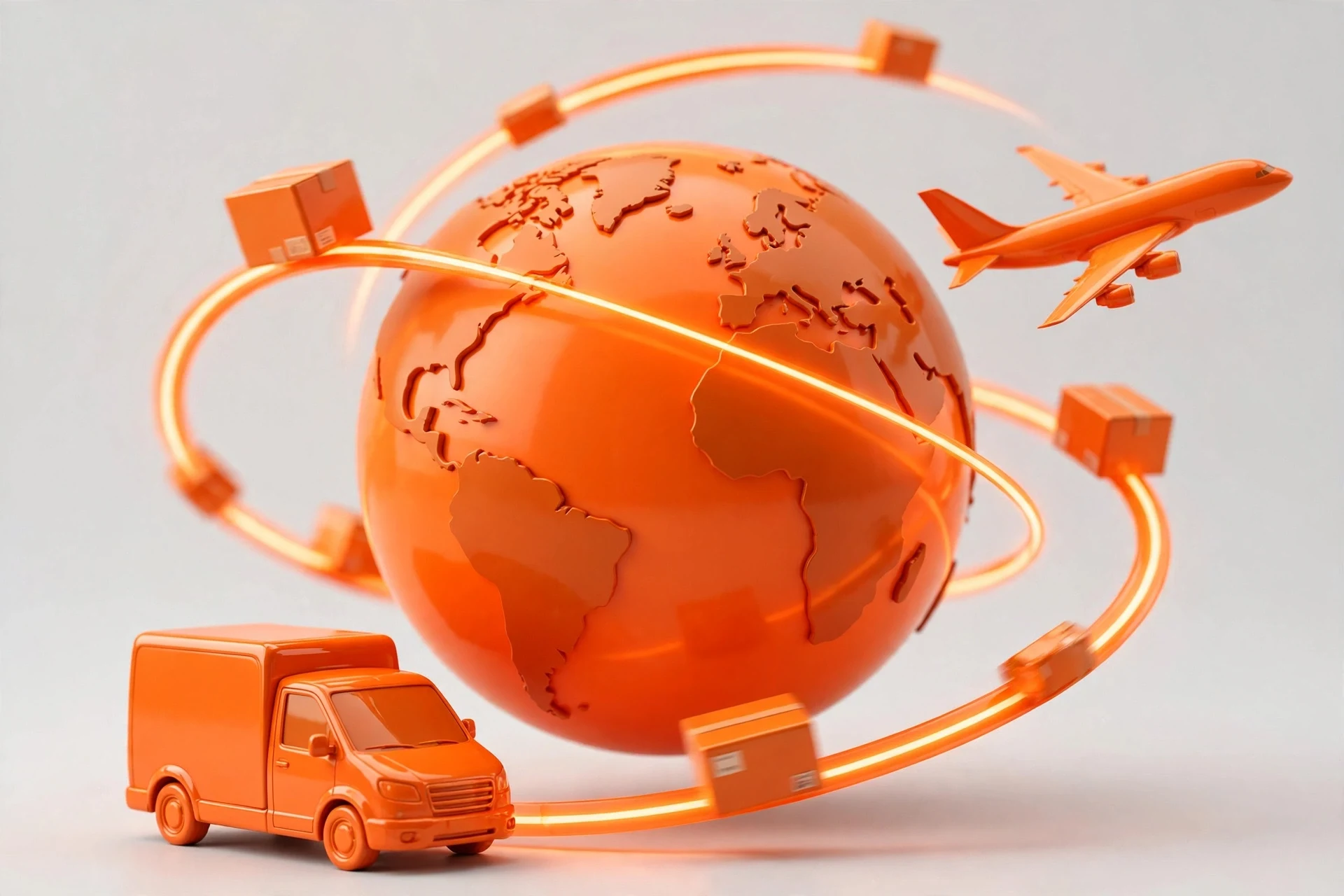 3D orange globe with a delivery van, plane and parcel orbits showing GOFO cross-border shipping