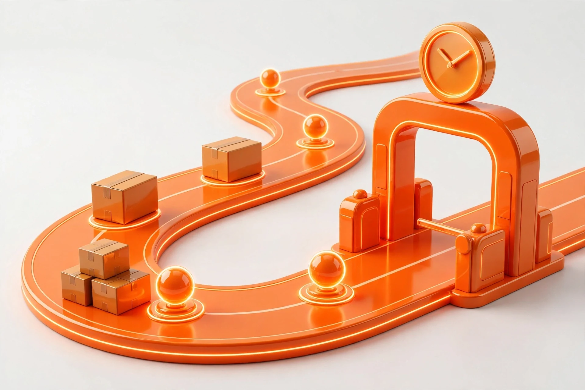 Parcel route with a customs gate and clock illustrating GOFO CBT tracking statuses