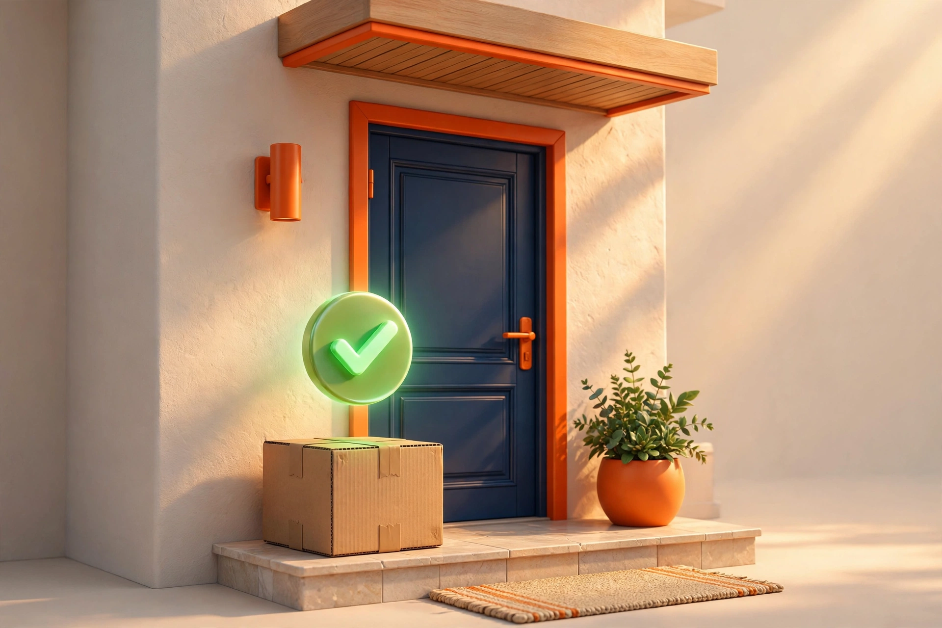 GOFO Tracking by Country 8 Illustration of a delivered parcel at a house front door with a delivered checkmark