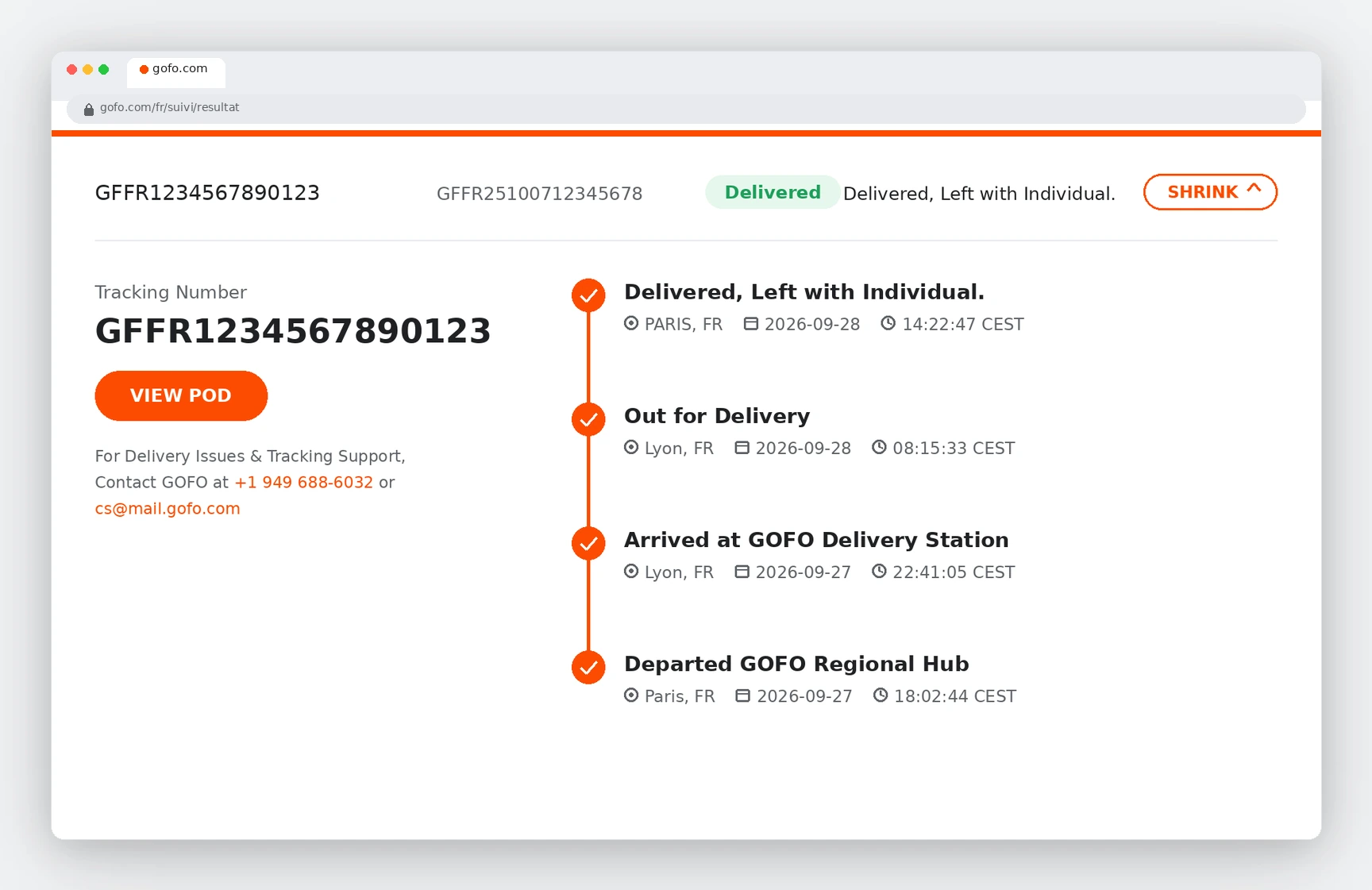 GOFO Tracking by Country 6 Example GOFO France tracking result showing Delivered status and Paris/Lyon timeline