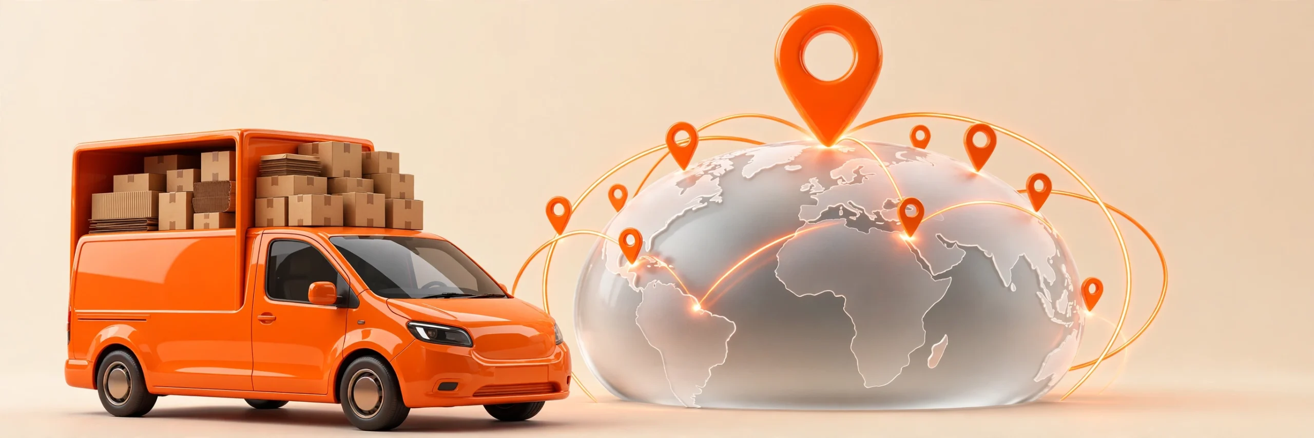 GOFO Tracking by Country 2 GOFO international package tracking illustration: delivery van, globe with country routes and location pin
