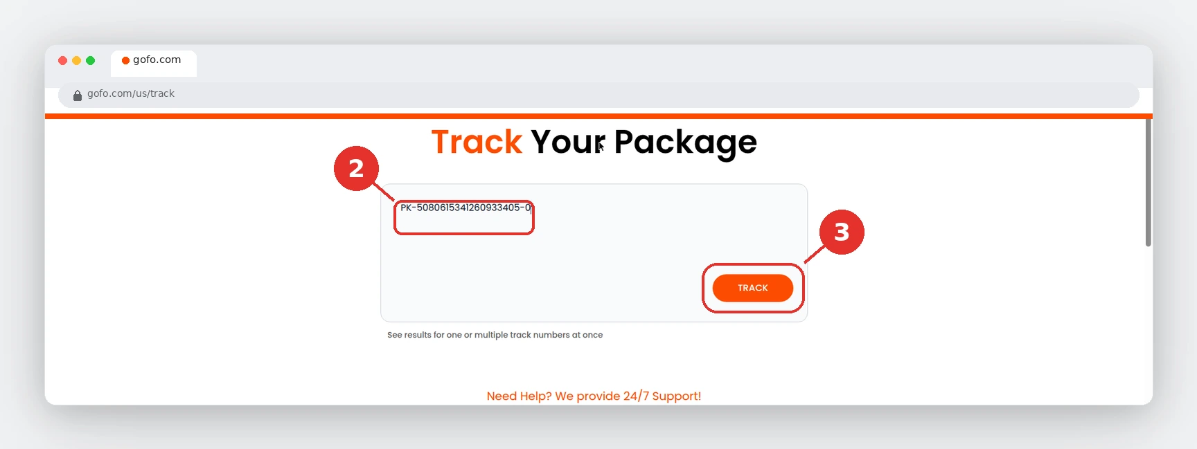 GOFO Tracking: Track Your GOFO Package 2 GOFO Track Your Package page with a tracking number entered and the Track button highlighted