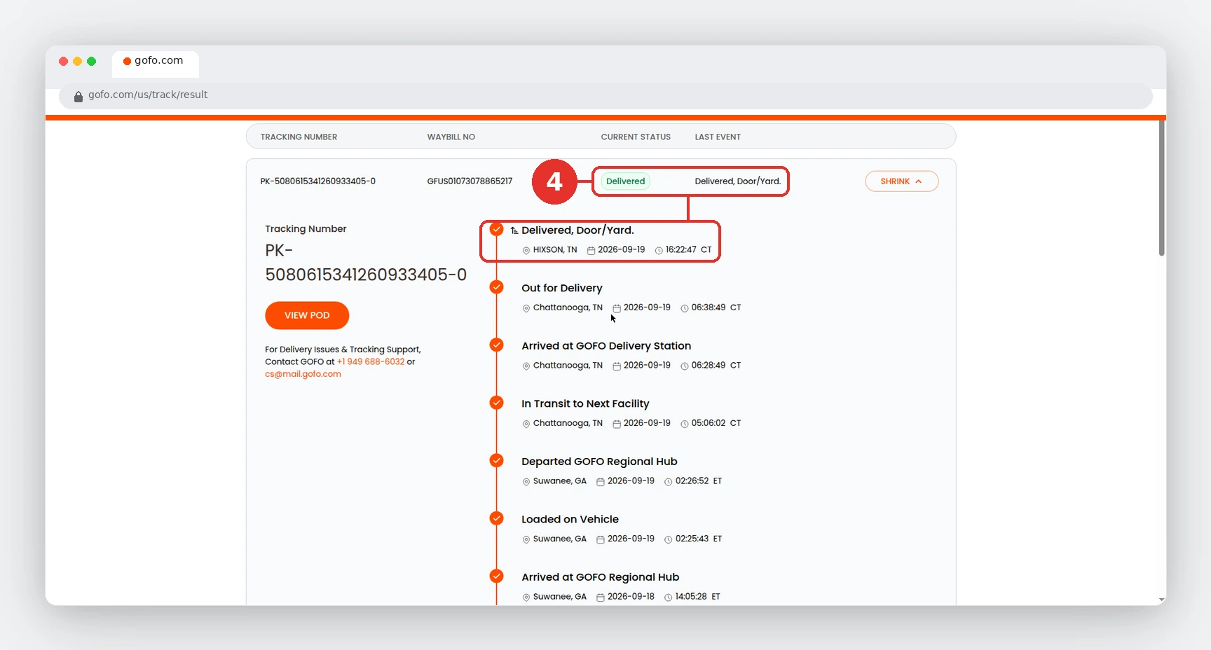 GOFO Tracking: Track Your GOFO Package 4 GOFO tracking result page showing the Delivered status and delivery timeline