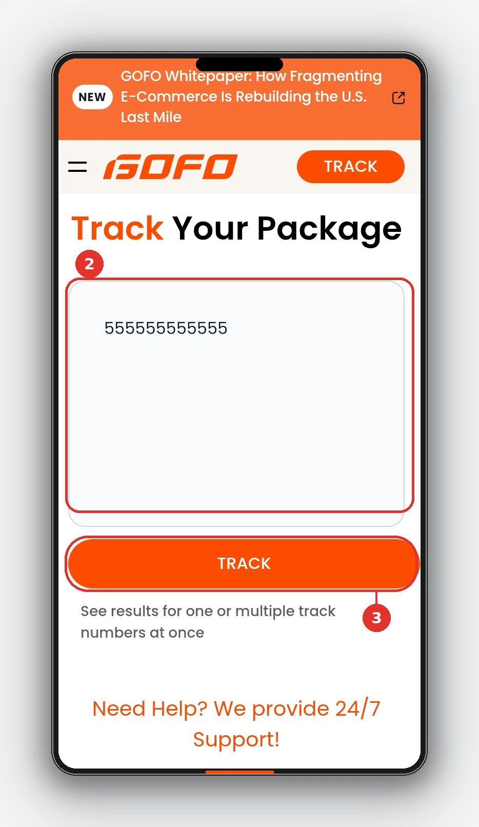 GOFO Tracking: Track Your GOFO Package 3 GOFO mobile Track Your Package page with a tracking number entered and the Track button highlighted
