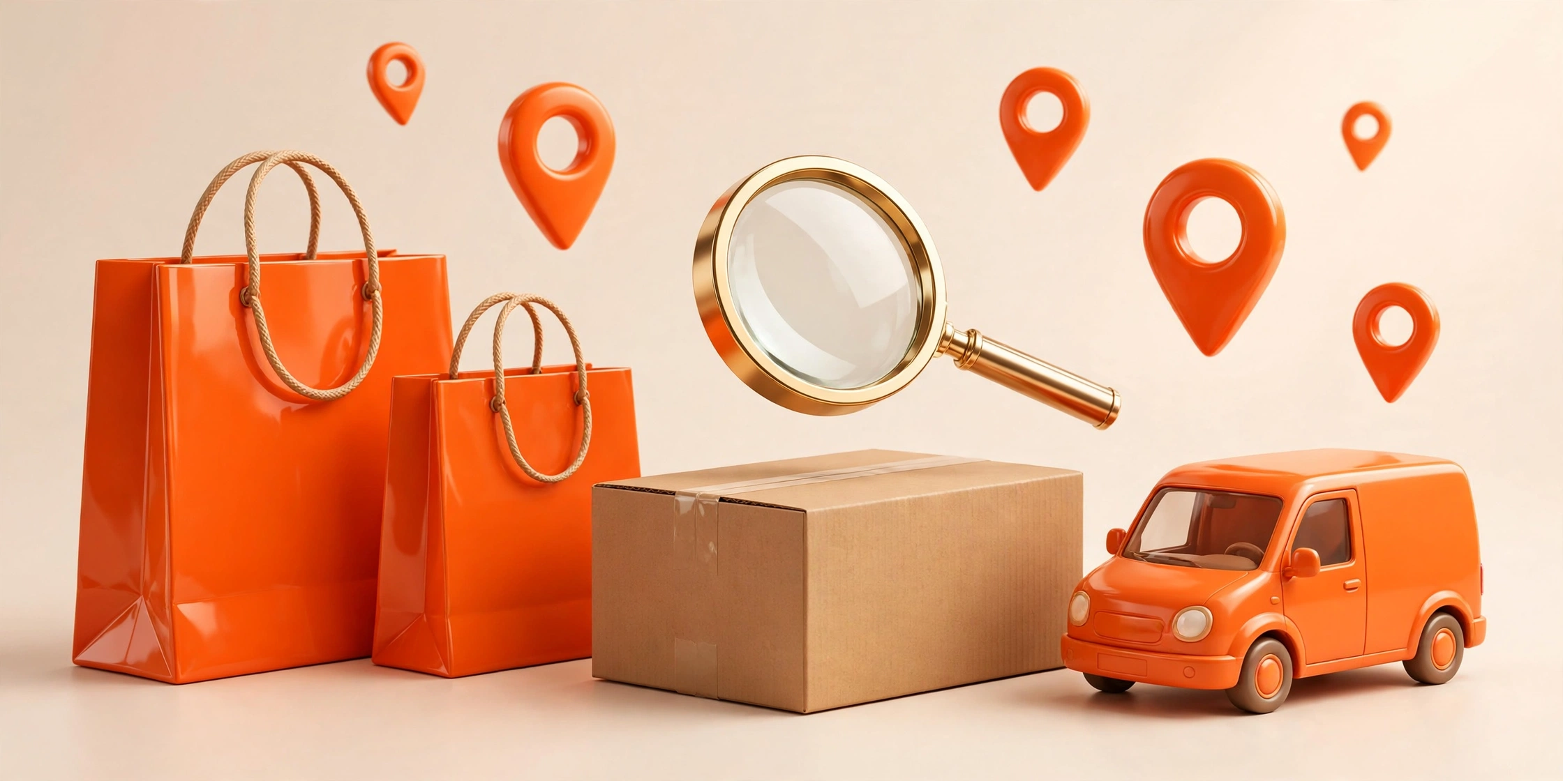 3D illustration: shopping bags, parcel under a magnifying glass and delivery van - tracking SHEIN and Temu orders with GOFO