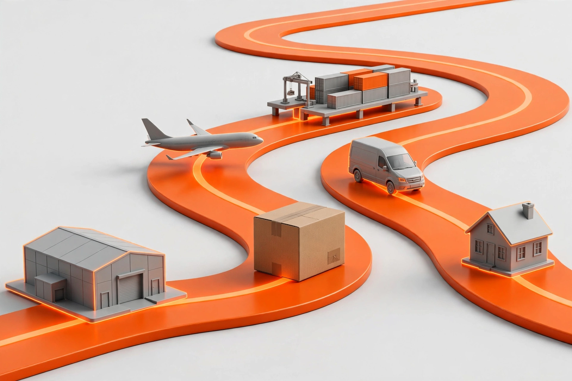 3D illustration: parcel journey along a route through warehouse, plane, van and house stages