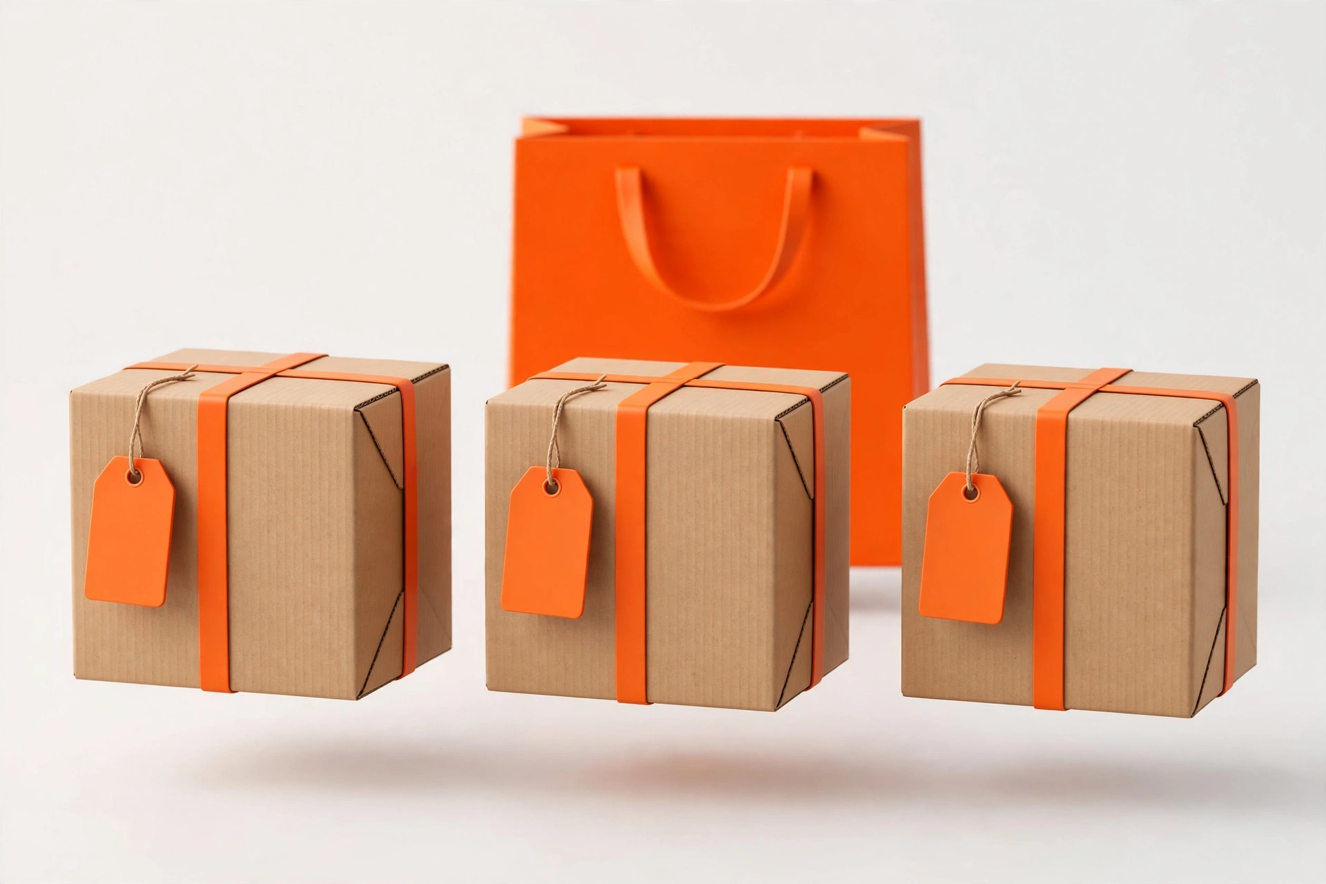 3D illustration: one order split into three separate parcels with tracking tags