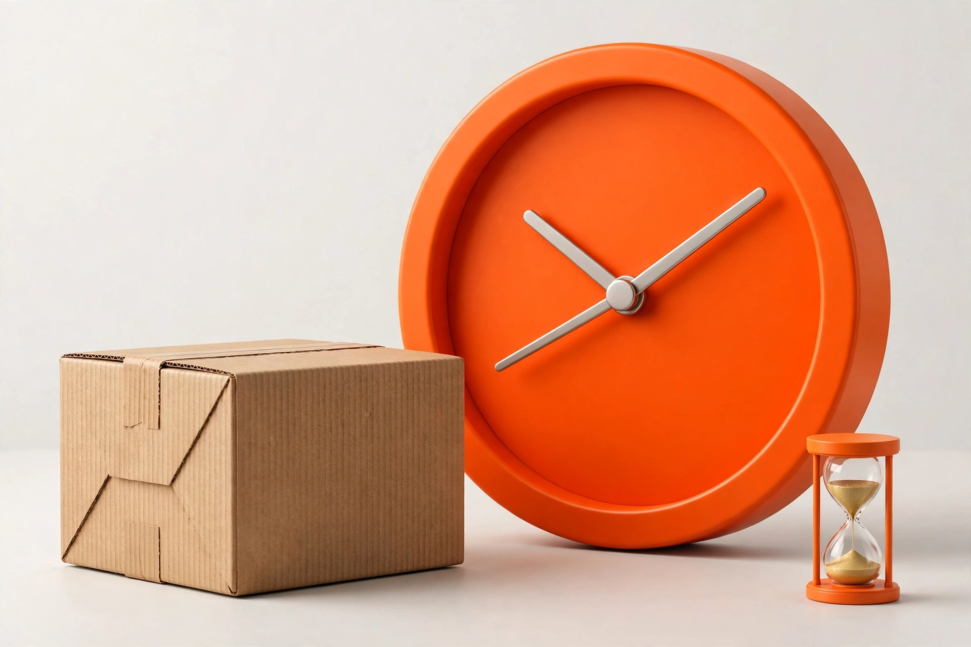 3D illustration: parcel waiting beside a clock - tracking not updating