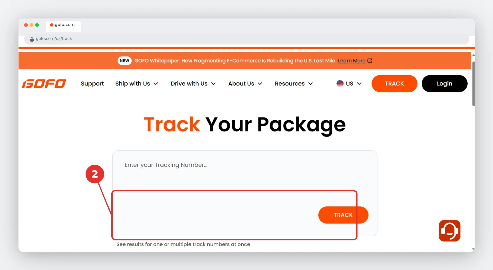 GOFO Tracking by Country 3 GOFO Track Your Package page with the tracking number field highlighted, step 2