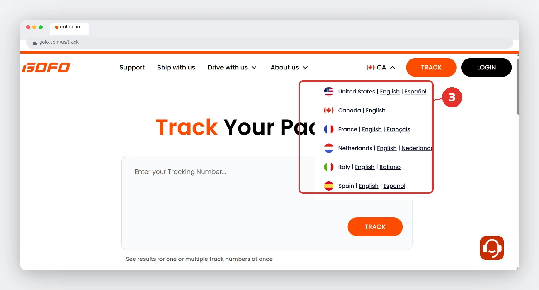 GOFO Tracking by Country 4 GOFO country and language selector menu open, step 3